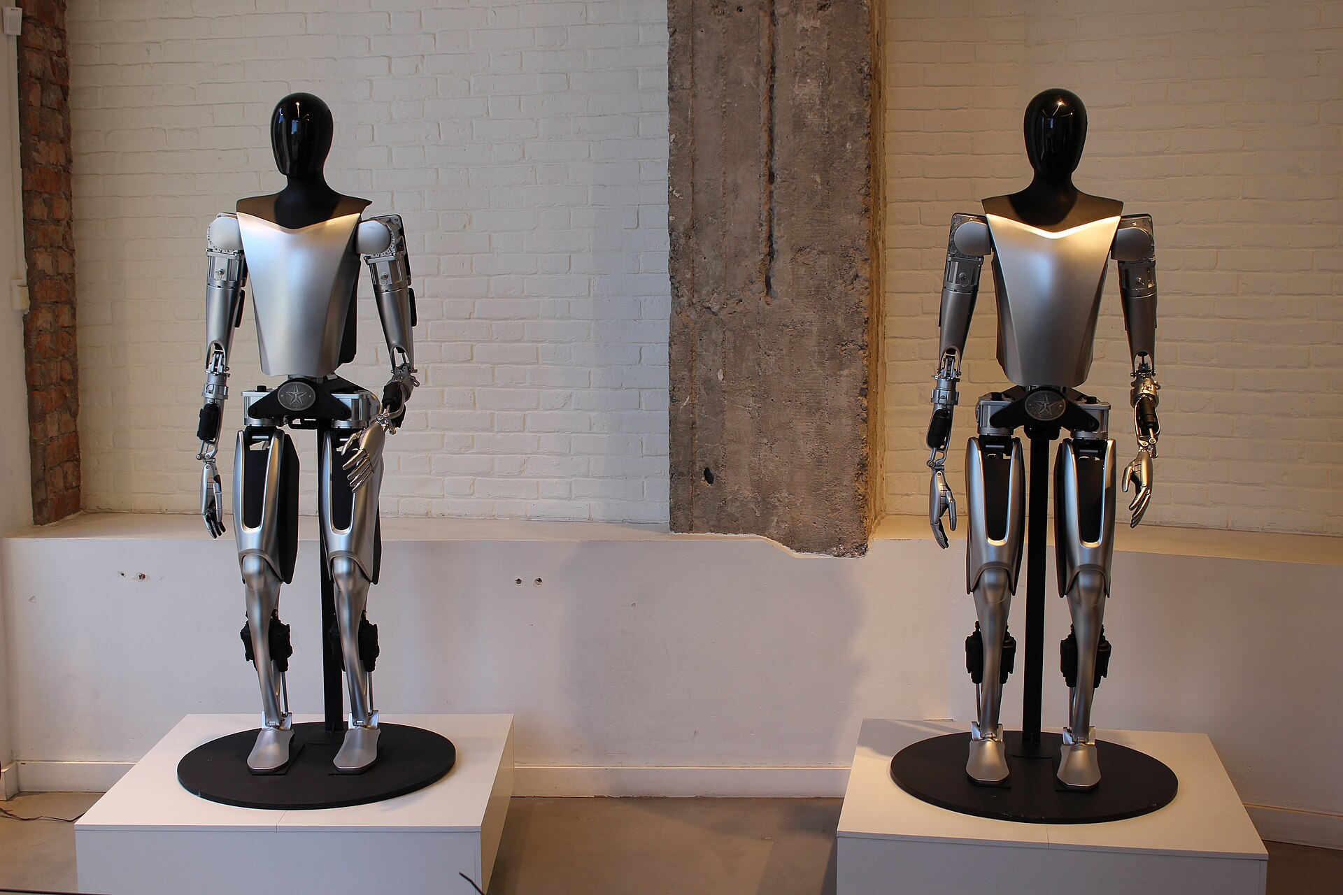 Two Tesla Optimus humanoid robots standing side by side on plinths
